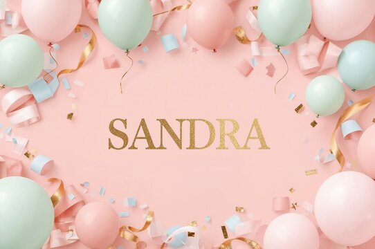 Pink pastel balloons, confetti, Sandra's birthday card