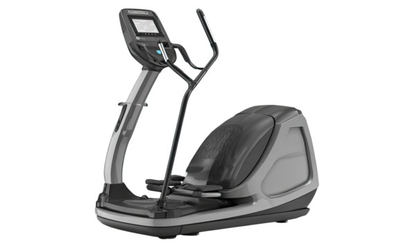 Gray recumbent exercise bike with console.  Features padded seat, handlebars, and a display.  Modern design