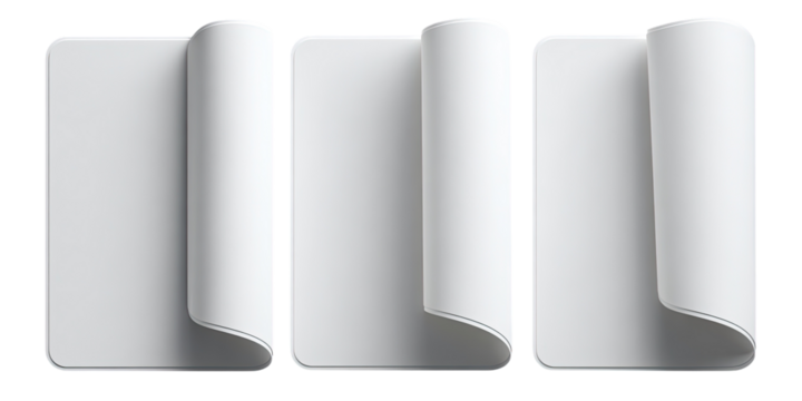 Three blank, white, paper rectangles, each with a page curled upward
