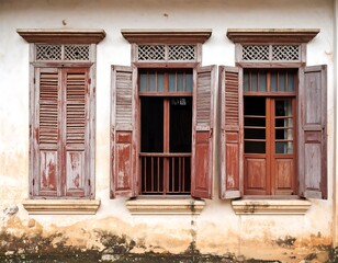 Three weathered windows on a cream-colored building