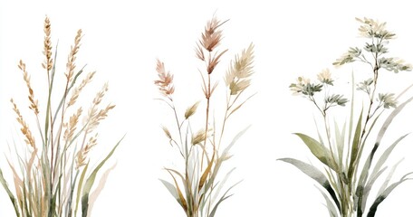 Fototapeta premium Delicate watercolor grasses in muted earth tones