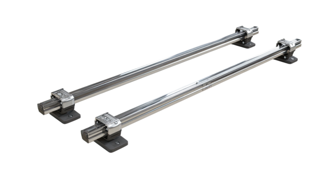 Two parallel chrome-finished metal roof bars.  Mounted on sturdy gray brackets