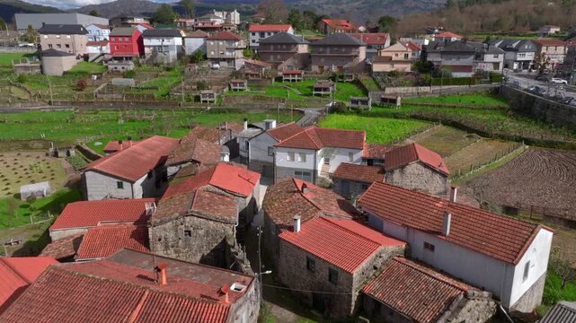 Traditional stone horreos in Galicia, Spain. An horreo is a typical granary from the northwest of the Iberian Peninsula. Aerial View.