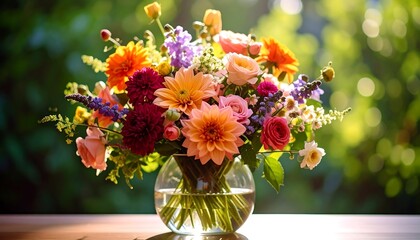 Vibrant flower arrangement in a clear glass bowl, bathed in sunlight