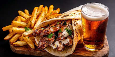 Delicious greek gyros pita with french fries and beer. Savory hellenic gyro flatbread fried potato strip lager beverage a tasty meal mediterranean cuisine street food refreshment