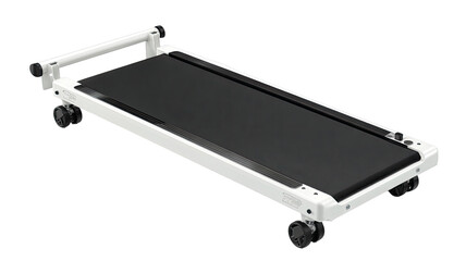 Compact white folding treadmill with black running surface.  It has wheels for easy transport