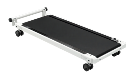 Compact white folding treadmill with black running surface.  It has wheels for easy transport