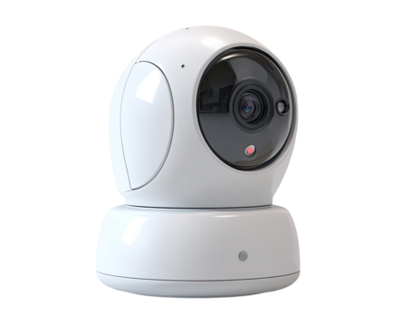 A white, round security camera with a lens.  It has a wide-angle lens and a circular base