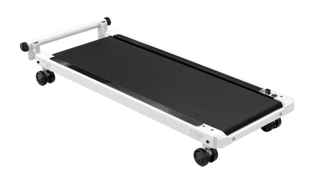 Compact white folding treadmill with black running surface.  It has wheels for easy transport