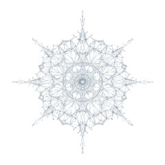 Intricate geometric snowflake design with delicate silver lines on white background