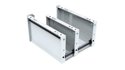 Two white rectangular metal enclosures, side-by-side, appear to be designed for mounting or housing other components.  Metal framing, potential mounting points