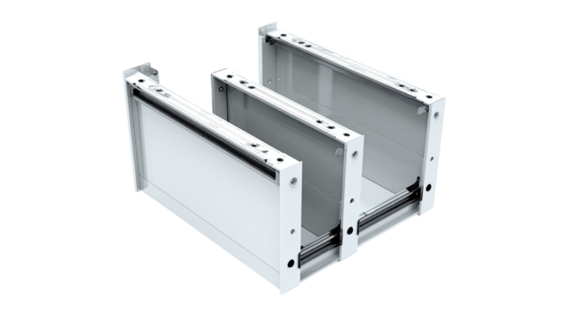 Two white rectangular metal enclosures, side-by-side, appear to be designed for mounting or housing other components.  Metal framing, potential mounting points