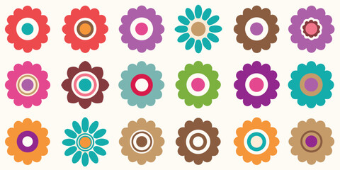 Collection of colorful retro flower illustrations with a simple geometric design and a light background