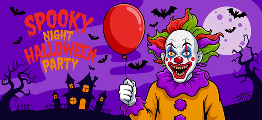 Happy Halloween party greeting card. Halloween night Invitation. Halloween Promotion Poster. Spooky flyer background template. Halloween card design with with a clown. Celebrating October 31st.