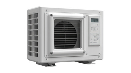 White, rectangular, compact air conditioner unit.  Features a vent with  grille, control panel with digital display, and  small feet for stability