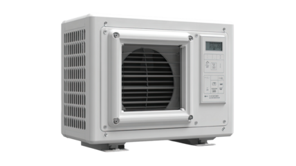 White, rectangular, compact air conditioner unit.  Features a vent with  grille, control panel with digital display, and  small feet for stability