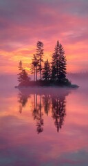 Misty island sunrise reflected on calm lake