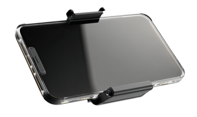 Smartphone in a protective mount, angled view.  Clear case, black clips