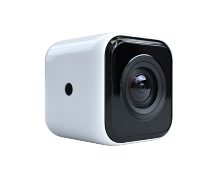 A small, square, white camera with a black lens