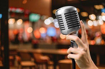 Female hand holding the single retro microphone