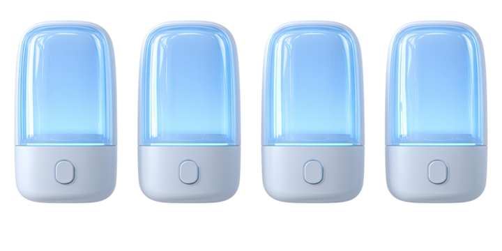 Four light-blue, rectangular, bedside lamps