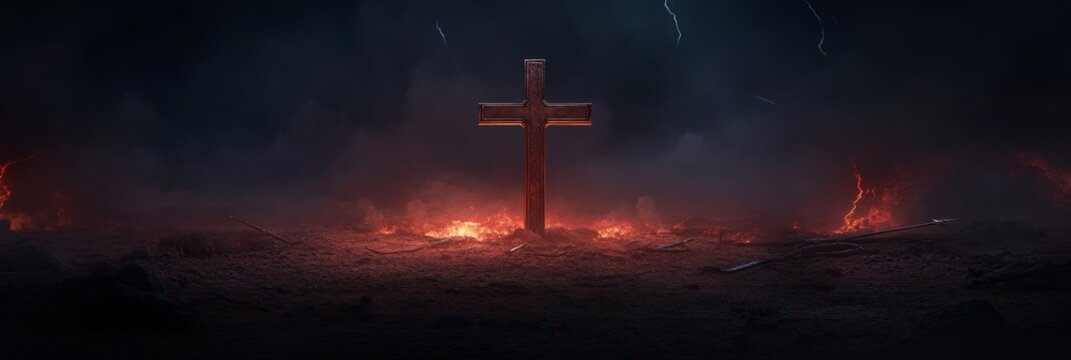 Fiery cross against a dramatic dark sky with lightning - Powered by Adobe