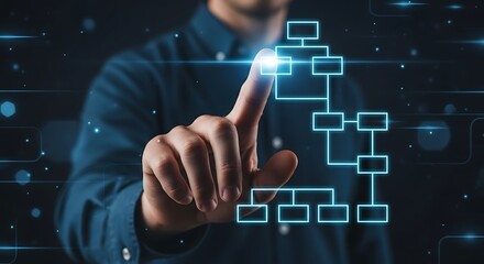 Human interaction with digital flowchart highlighting business processes and artificial intelligence implementation for modern solutions