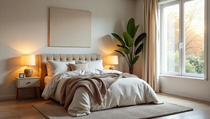 Fototapeta premium Serene bedroom, soft lighting, cozy textiles, and calming decor create a relaxing atmosphere ideal for a peaceful night's sleep and improved well-being , sleep sanctuary, ambiance, textiles