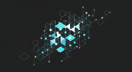 Abstract geometric design featuring interconnected lines, dots, hexagons, and squares in shades of blue and white against a dark background.