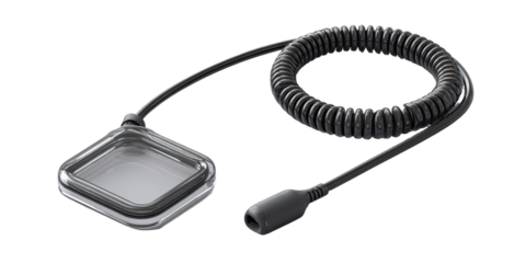 Small, square, clear cover attached to coiled cord