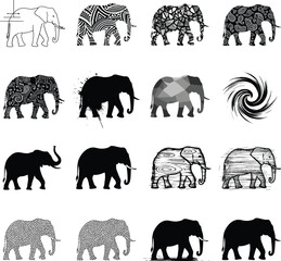 Elephant silhouette collection, tribal patterns, abstract designs, animal icons, wildlife art, nature, black and white vector, ethnic, decorative illustration.