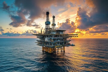 Offshore oil rig platform at sunset over the ocean