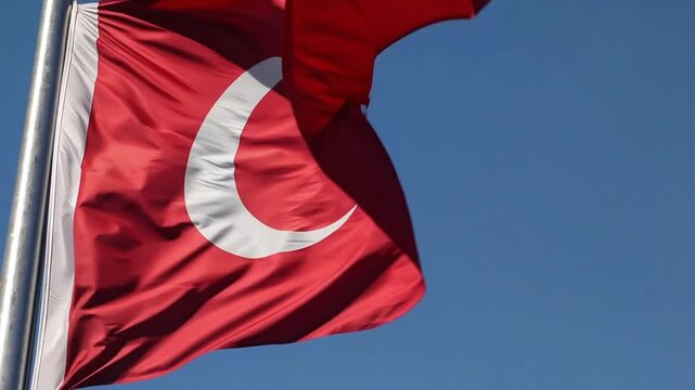 Turkey waving Turkish banner national symbol of country and state Turkish flag red background crescent and star