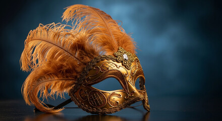 An elegant and mysterious orange Venetian masquerade mask with feathers on a dark blue background a perfect accessory for a carnival ball or a festive costume party