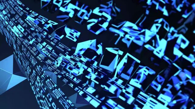abstract computer-generated hi-tech background in blue tones, featuring binary code and geometric polygonal shapes