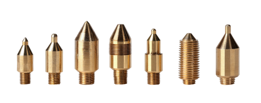 Collection of brass nozzles of varying shapes and sizes