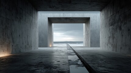 Concrete tunnel opening to a stormy ocean and distant island under grey sky image photo