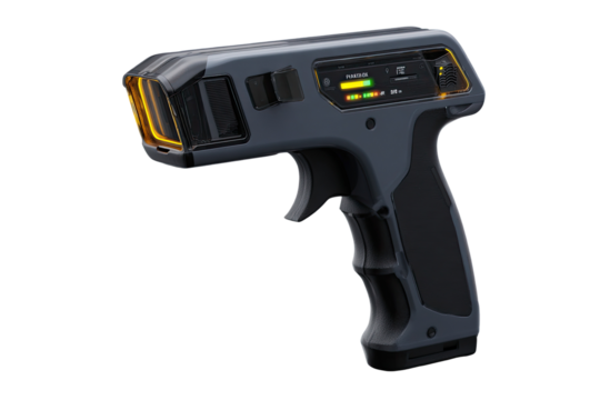 Gray handheld device with orange lights, resembling a gun.  Ergonomic grip, digital display