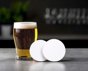 Mockup of white beer coasters on a bar table with gla. Presentation of blank beverage mats upon a counter surface alongside glassware perfect for pub promotion barware design or drink