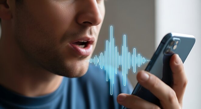 Man using voice assistant on his mobile phone showcasing voice recognition technology