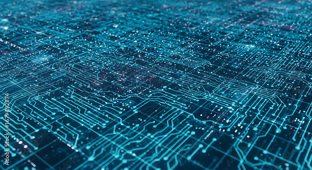 Fototapete abstract digital circuit board with glowing blue lines and nodes, representing data flow and connect