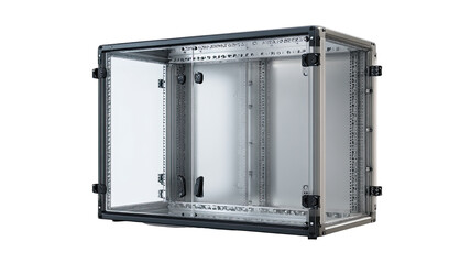 Metal enclosure with clear panels.  Robust,  industrial-style box.  Internal structure visible