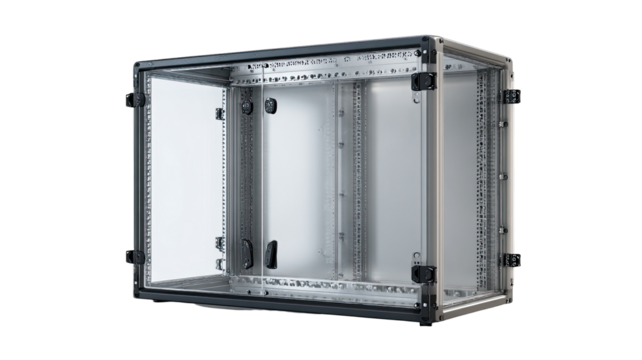 Metal enclosure with clear panels.  Robust,  industrial-style box.  Internal structure visible