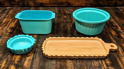 Naklejka premium Teal Plastic Containers and Bamboo Serving Tray