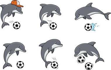Cute cartoon dolphins playing soccer with footballs, funny animal sports illustration, vector artwork for ocean, marine life, activity, fitness, and game 