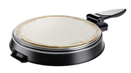 Round, black electric griddle with a crepe or pancake on top.  Handle is attached
