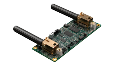 High-tech circuit board with two antennae.  Dual antenna module, green PCB, electronic components