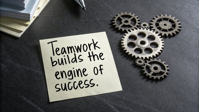 Motivational Quote on Sticky Note with Gears Symbolizing Teamwork