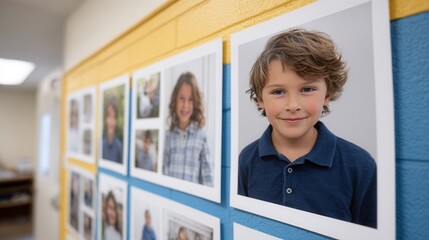 A collection of children's portraits on a classroom wall, showcasing smiling faces and diverse hairstyles, creating a warm and inviting atmosphere.