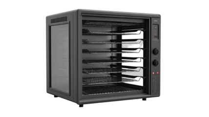 Dark gray, boxy commercial food warmer/oven
